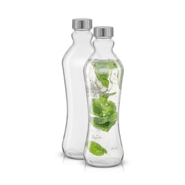 JoyJolt - Juego de 2 botellas de agua de vidrio, 32 onzas, 1 litro, vidrio transparente con tapas de acero inoxidable, a prueba de fugas, ideal para  