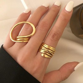 Rrdaily Stacked Chunky Line Wrapped Joint Rings Set for Women,Minimalist Geometric Aesthetic Statement Open Ring,Trendy Party Banquet Jewelry Accessories Gift(Gold,Gold)
