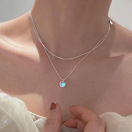 TseenYi Layering Heart Choker Necklace Layered Opal Moonstone Heart Necklace Tiny Love Heart Choker Silver Bead Chain Necklace Double Chain Necklace Jewelry for Women Girls Gifts