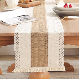 INHEMING Macrame Table Runner with Tassels, Beige Table Runner in Cotton, Boho Style, Elegant Hollow Mesh Tablecloth, Country House Style Table Runner, Tabletop Decor for Dining Table, Wedding Decor,