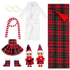 8 Pcs Christmas Dolls Accessories Include Mini Doll Sleeping Bag Bathrobe Skirt Glasses Boots Red and White Striped Scarf Elf Clothes for Christmas Stocking Stuffers Decorations