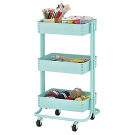 ECR4Kids 3-Tier Metal Rolling Utility Cart - Kitchen and Craft Storage Shelves, Multipurpose Mobile Organizer, Teal