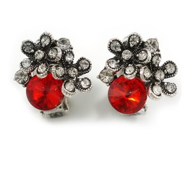 Red/Clear Crystal Floral Clip-on Earrings in Aged Silver Tone Metal - 17mm Tall