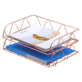 PAG 2 Packs Desktop File Organizer Metal Stackable Horizontal Letter Tray Paper Holder Rack, Rose Gold