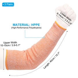 PATIKIL 16 Inch Cut Resistant Sleeve, 3 Pairs Arm Safety Protectors Sleeves Forearm Sleeve HPPE Level 5 Protection for Thin Skin and Bruising, L, Orange