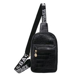 Long Keeper Faux Leather Sling Bag Chest Bag Men Women Shoulder Bag Small Sling Backpack Crossbody Bag Waterproof for Travel Outdoor, Crocodile Black