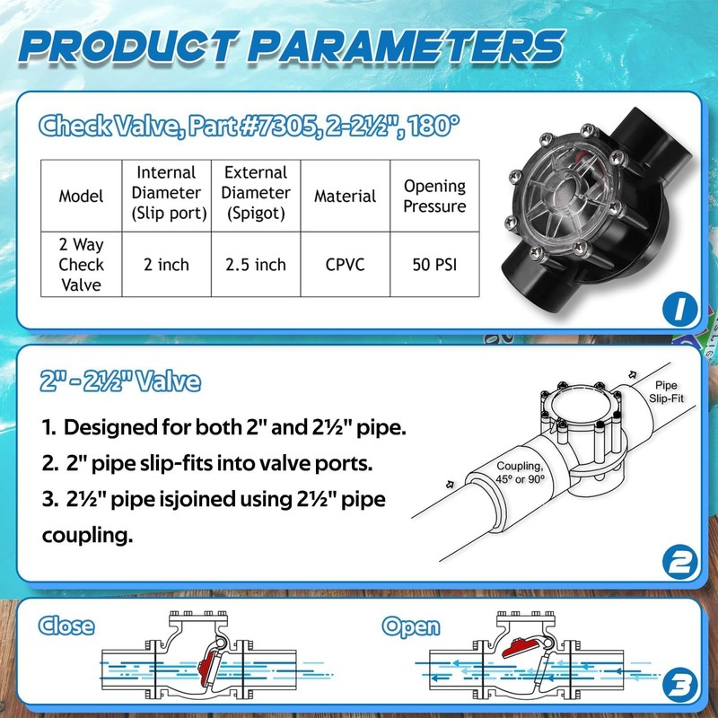 7305 Pool Check Valve 2 Inch to 2-1/2-Inch 180-Degree 2-Way