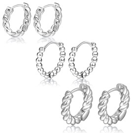 3Pairs Women's Small Hoop Earrings - 14K Gold & Sterling Silver Twisted Huggie Set for Multiple Piercings