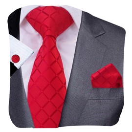 GUSLESON Red Tie Plaid Necktie Set Including Hanky Cufflinks (0706-10)