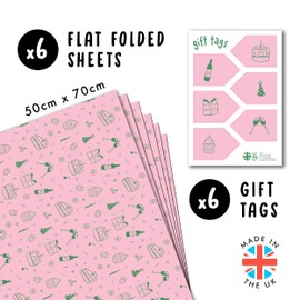 Pink And Green Wrapping Paper For Women - 6 Sheets Of Gift Wrap For Her - Birthday Doodles - Friends Wrapping Paper - Comes With Stickers - Recyclable - By Central 23