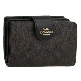 Coach CW786 Coach Women's Bifold Wallet Compact Outlet Brand Medium Corner Zip Wallet Signature Canvas, Walnut x Black