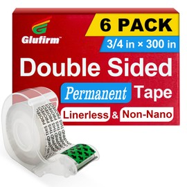 Glufirm Double Sided Tape for Gift Wrapping with Dispenser, 3/4 in x 300 in, Double Stick Tape 6 Pack, Christmas Wrapping Paper Tape, Linerless, Office and School Supplies