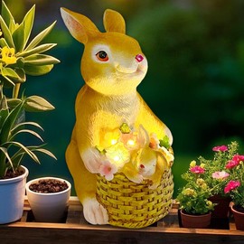 KOOY Easter Bunny Figurines Solar Garden Statues Yellow Rabbit Statue with Baby Flowers Decor for Women Men Birthday Easter Housewarming Gifts Patio Yard Lawn Ornaments