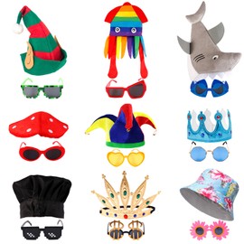 18 PCS Funny Hats and Glasses Pack for Photo Booth Props, 9 Assorted Novelty Party Hats, 9 Funny Party Sunglasses Props, Crazy Hat, Fun Costume Hat Glasses Dress Up Accessories for Adults