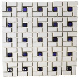 Spiral Pattern Porcelain Tile Matte White with Shiny Cobalt Dots - Pinwheel Design