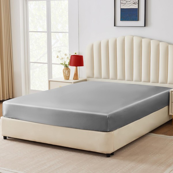 CozyLux Satin Fitted Sheet King Size, Light Grey Silky Satin