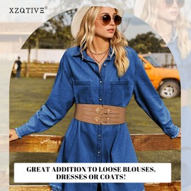 XZQTIVE - Cinturón ancho de piel elástico para mujer para vestidos y camisas, cinturón elástico para mujer con doble hebilla dorada, Marrón, Fit Waist Size 30-33 inch