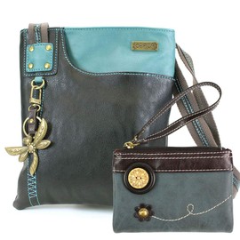 Chala Swing Crossbody Faux Leather Gift Messenger Bag with Double Zip Wallet (Navy_Dragonfly + Indigo Wallet)