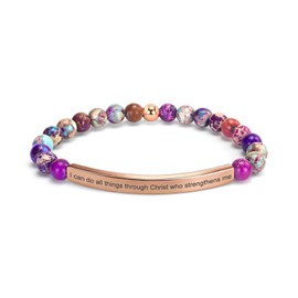 Imperial Jasper Christian Bracelet for Women, 18K Gold Plated Bible Verse Jewelry, Religious Faith Scripture Inspirational Gift, Jesus Catholic Encouragement Jewelry with Gift Box(I can do all things through Christ who strengthens me-Imperial Jasper Rose