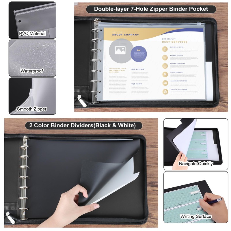 Antner Zippered 7 Ring Business Checkbook Binder Portfolio for 3-on-a-Page