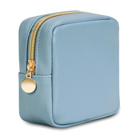 Wandering Nature Small Makeup Bag for Purse Mini Make up Pouch Cute Cosmetic Pouch for Women with Slip-in Pockets Matte Leather, Blue
