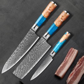 Nakiri Blue Resin Wood Handle Damascus Kitchen Knife Set Vegetables Fruit Utility Santoku Sushi Cleaver Chef 3 PCS Knives Setcolor: Blue DMS-3-001, blade length: 11.5cm, blade width: 2.4cm, type: Safety Blade Utility Knife