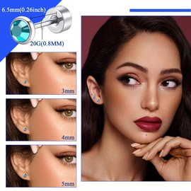 Artskin Women Stud Earrings Titanium Girls Flatback Earrings Hypoallergenic Crystal Men's Earrings Silver Cartilage Earring 3mm/4mm/5mm (Blue Zircon)