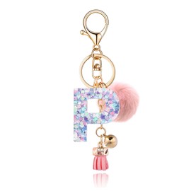 OKAICEN Pink-Purple Resin Alphabet Initial Letter Keychain Key Ring for Women Grils Purse Handbags with Ball Pom('P')