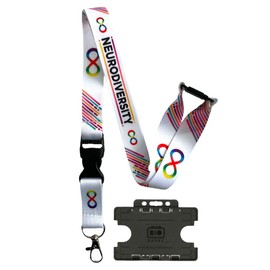 White Neurodiversity Awareness Lanyard with Detachable Clip & Safety Breakaway & Black Horizontal ID Card Holder