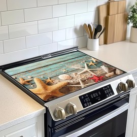 Beach Seashell Starfish Electric Stove Top Cover Protector,Blue Wooden Glass Flat Top Stove Mat,Heat-Resistant Oven Induction Cooktop Mat for Ceramic Countertop Mats Dish Drying Mat