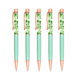 Gullor 5 Pieces Floral Ballpoint Pen Metal Flower Pen Dynamic Liquid Flower Pen, Black Ink, Green