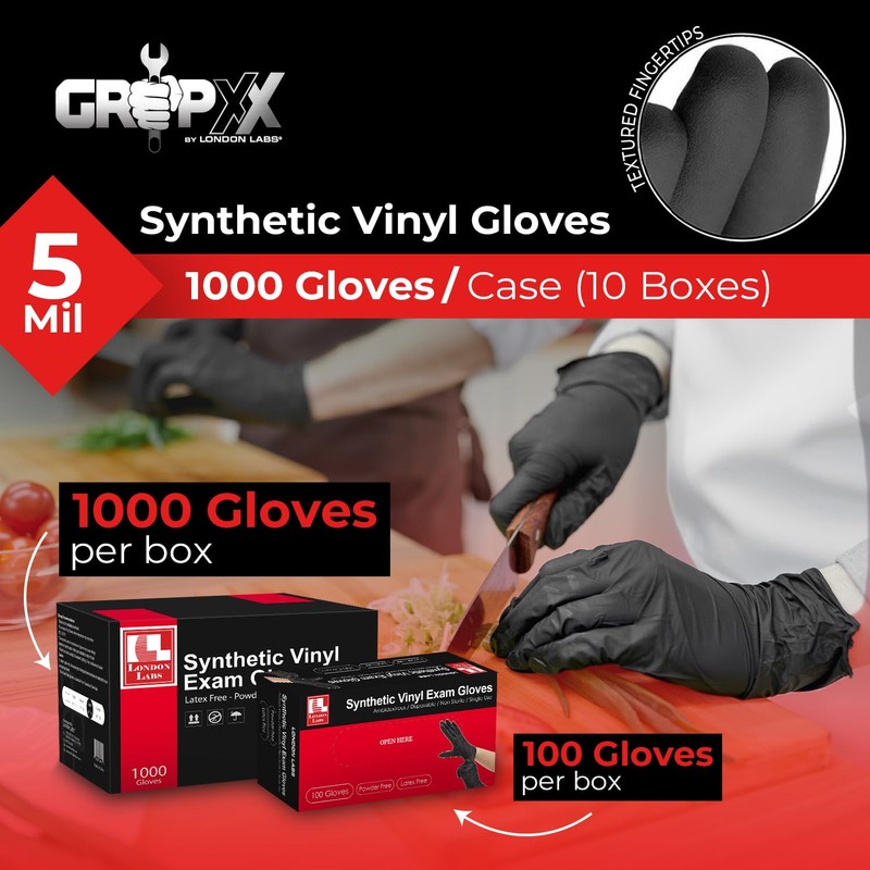 London Labs Black Synthetic Vinyl Exam Gloves Powder Free and