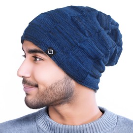 Funky Junque Basics Slouchy Beanie for Men Fleece Lined Knit Skull Cap Toboggan for Men & Women - Royal Blue