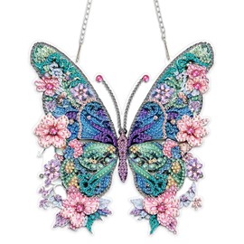 MEIYUDA Diamond Painting Kits, DIY Diamond Art Window Hanging Ornament for Adults, 5D Flowers Butterfly Special Shape Rhinestone Pendant for Home Garden Wall Decor and Holiday Presents 17.5x18.4cm