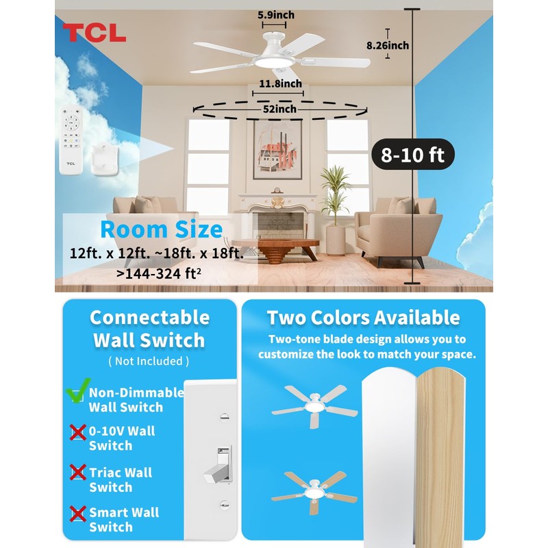 TCL 52" Low Profile Ceiling Fan with Light, Slim, White,
