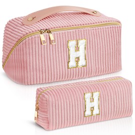 TOPEAST Travel Makeup Bag for Women - Cosmetic Bag, Cute Initial Makeup Bag Set Travel Toiletry Bag Birthday Travel Gifts for Women (Pink H)