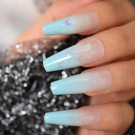 Baby Blue Grandient Press on Nails - iBeautying False Nails - Glossy Finish Finger Daily Wear Nail - Etra Long Coffin Acrylic Reusable Fake Nails 24pcs