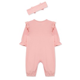 Little Me Simply Essential Solids 100% Organic Clothes for Baby Girls' Pink Jumpsuit and Headband Set, Quartz Pink, 12 Months