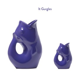 Gurgle Pot Fish Pitcher, Set of 2, Indigo Blue, French Inspired Design, Large Pitcher 42 oz. with baby Gurgle Pot.