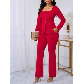 Ekaliy Women's 2 Piece Outfit Square Neck Long Sleeve Peplum Jacket Pants Suits for Women Blazer Suit Red M
