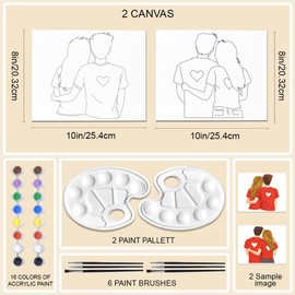 WEBEEDY Couples Canvas Painting Kit Pre Drawn Canvas to Paint for Adults Date Night Party,8x10 Inch Heart Sip and Paint Art Set with Outline Canvas for Valentine's Day Anniversary,2 Pack 20x25cm