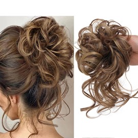 Large Bun Hairpiece Hair Scrunchie with Hair Updo Hairstyles, Curly Messy Bun Hairpiece with Elastic Band for Women Girls (12/24 Brown Mix Light Brown)