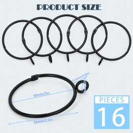 OOTSR 16 PCS Black Curtain Rings with Eyelet, 2" Openable Metal Ring Loop, for Curtain Rod Drapery