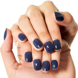 GLAMERMAID Press on Nails Extra Short Squoval, Winter Navy Blue Jelly Gel Glue on Nails, 24Pcs Glossy Round Reusable UV Finish Fake Nails Acrylic False Nails Manicure Kits for Women