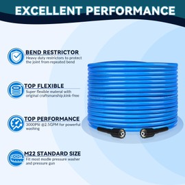 BESHED High Pressure Washer Hose 50 FT X 1/4 Inch, Kink Resistant Power Washer Extension Replacement Hose With Heavy Duty M22 Female x 3/8" Quick Connect Kit, 3000 PSI