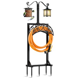 Jvgoo Garden Hose Holder for Outside - Upgraded Water Hose Holders with 5 Spikes & 2 Shepherds Hooks, Freestanding Hose Stand Heavy Duty Hose Hanger Hose Storage Hose Reel Rack for Outside Yard Lawn