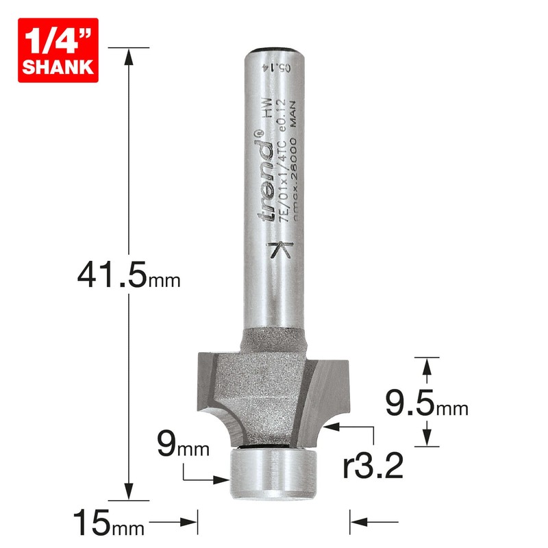 Trend Professional Pin Guided Round Over Router Cutter, 3.2mm Radius,