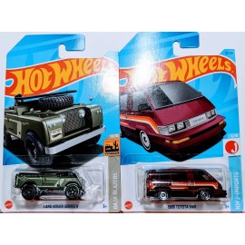 Hot Wheels 2023 Q Case Green Land Rover Series II w/ Surfboard & 1986 Toyota Van