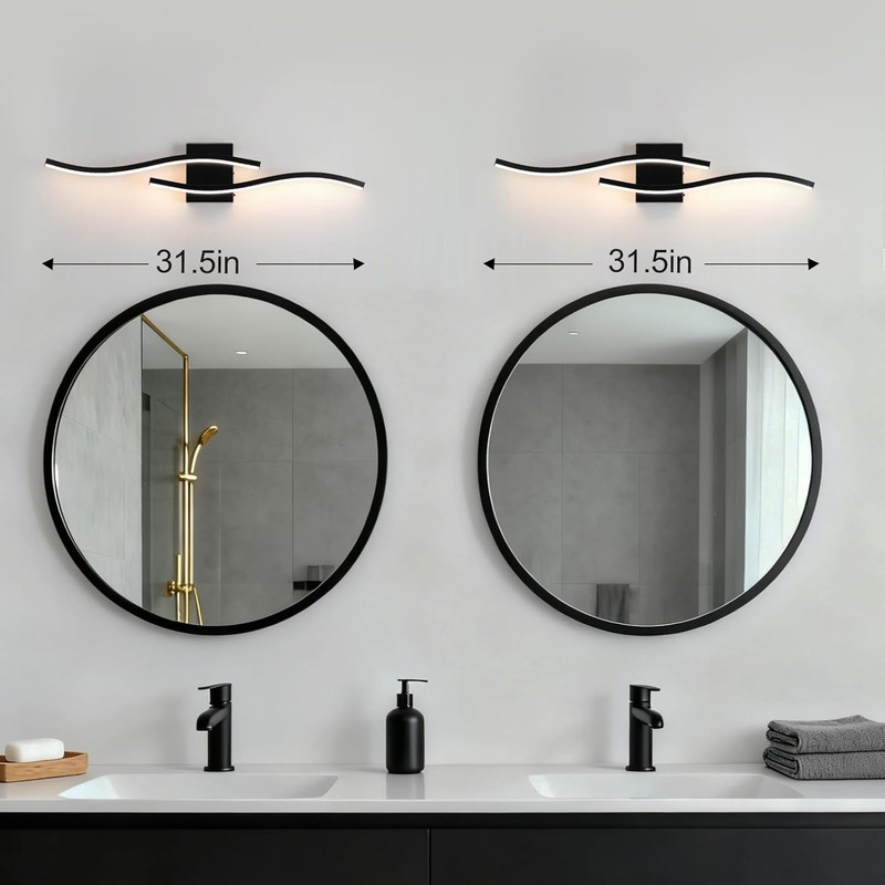 Black Curved Bathroom Vanity Light Fixture Over Mirror, 31.5 inch
