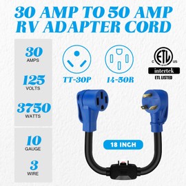 Kingdder 18 Inch Overload Protector Compatible with NEMA TT-30P to 14-50R 30 to 50 A RV Adapter Cord with Circuit Breaker, 3 Prong 30 A to 4 Prong 50 A RV Power Cord with Handle, STW 10 AWG ETl Listed